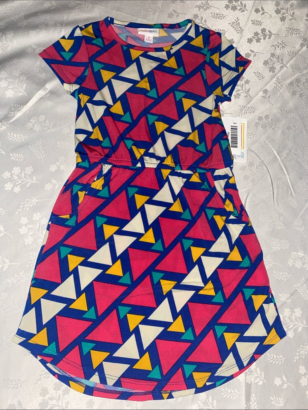 LuLaRoe Girls Short Sleeve Mae Dress with Colorful Triangles Size 6